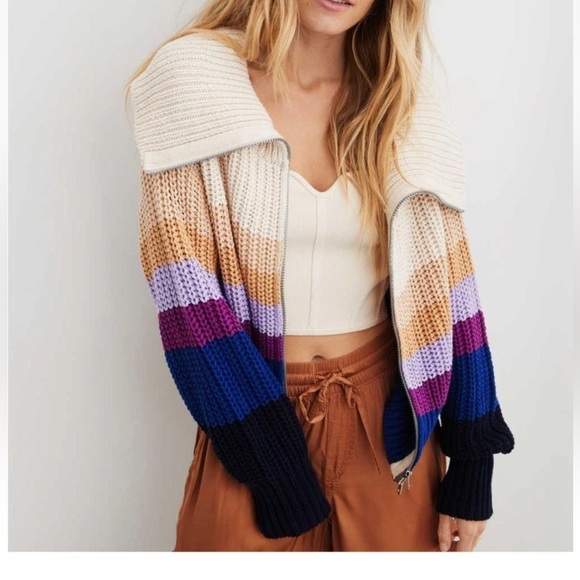 aerie Sweaters - Aerie Colorblock Striped Double Zip Chunky Knit Sweater multi-color designs XL.